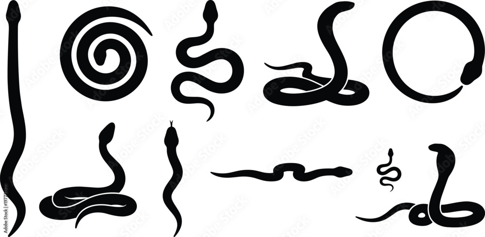 Photos Black Snake Silhouette Vector Set Featuring Cobra Python Viper and Various Serpe