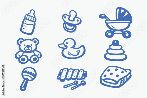 Set of Cute Blue Hand-Drawn Baby Icons and Toys
