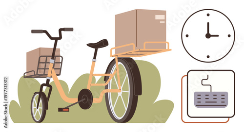 Delivery systems, logistics, e-commerce, time management, eco-friendly transportation, warehouse solutions. Cargo bike carrying boxes, clock and warehouse symbol. Delivery systems and logistics