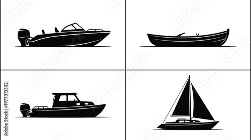 Tableau sur toile Boat silhouettes collection, motorboat design, rowboat illustration, cabin cruis