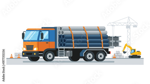 Construction Truck Carrying Industrial Pipes on Flatbed Trailer at Building Site Vector Illustration