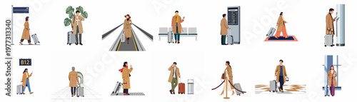 Flat illustration set of diverse people traveling through an airport, wearing trench coats, carrying suitcases, and waiting for their flights.