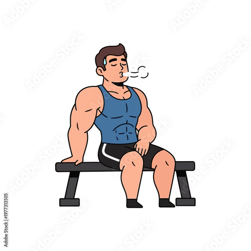 Fit Muscular Man Sitting on Gym Bench, Exhaling Steam, Exhausted After Workout