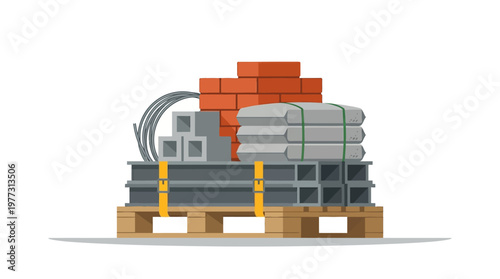 Industrial Construction Supply Illustration: Wooden Pallet with Bricks, Cement Bags, Steel Beams, and Concrete Blocks