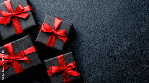 Black gift boxes with red ribbons seen from above on a black background with copy space