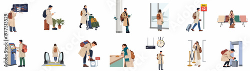 Collection of Diverse People Navigating an International Airport Terminal for Travel and Tourism Concepts