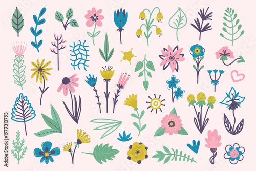 Collection of colorful hand-drawn flowers and leaves in a flat design style.