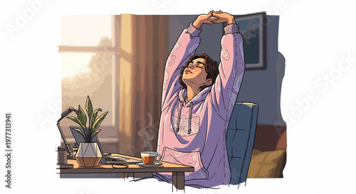 Man Stretching Arms Over Head Relaxing Office.