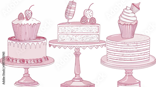 Three pink-toned dessert displays with cakes and cupcakes on ornate stands