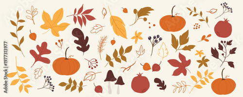 Minimalist autumn botanical elements with pumpkins and mushrooms.