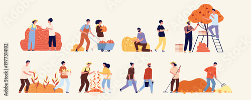 Farming community harvesting organic crops and autumn vegetables.