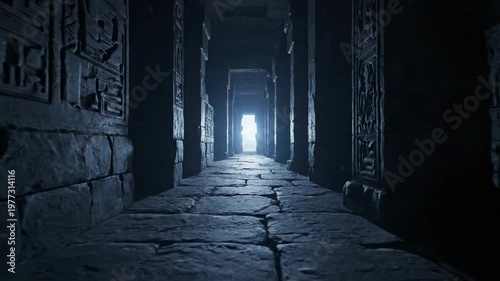Inside a stone corridor with carved walls leading towards a bright opening
