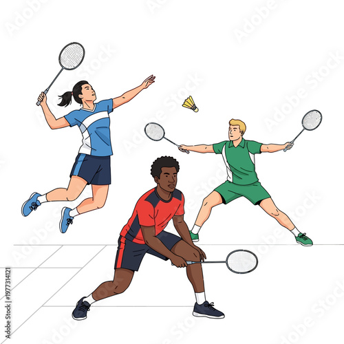 Diverse badminton players in action, jumping, reaching, and defending, with shuttlecock in motion.