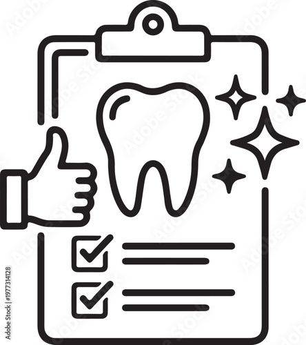 Tooth on a clipboard with thumbs up and checkmarks indicating dental care positive checkup or good oral hygiene with well being
