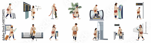 Diverse flat illustrations of travelers navigating an airport terminal, featuring people with luggage, checking schedules, and using travel facilities.