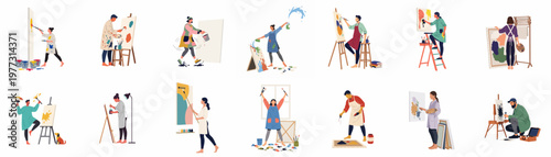 Diverse set of male and female artists painting on canvases in various poses and styles using brushes, rollers, and splash techniques.