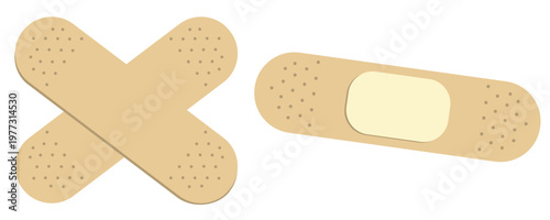 A single adhesive bandage and two crossed bandages in a cross X-shape. Ideal for first aid, wound care, and medical treatment themes.