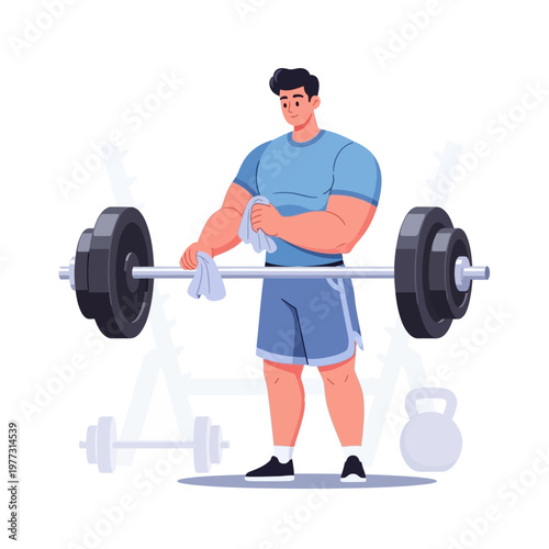 Muscular man wiping sweat with towel after weightlifting workout in gym
