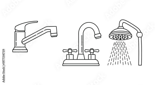 Line drawing of faucet shower and tub fixtures minimal style silhouette