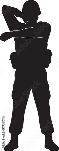 Armed soldier silhouette vector illustration standing in tactical gear with military vest