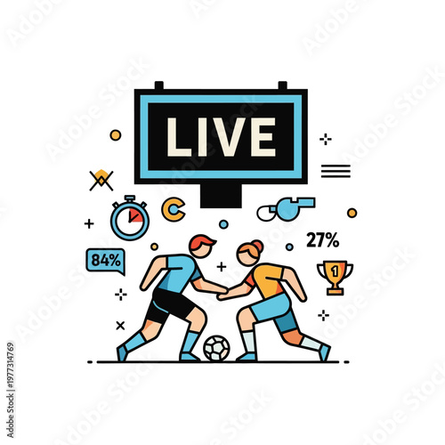 Live Soccer Match Broadcast with Scoreboard and Fan Icons