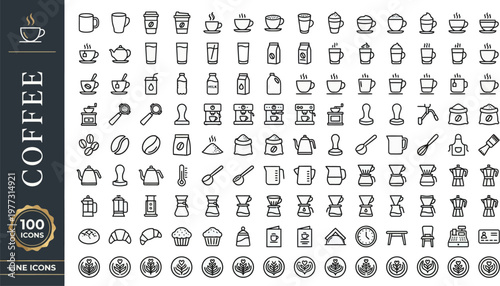 A collection of 100 coffee line icons on a white background with a dark gray sidebar Ai, eps, jpg, transparent background, png