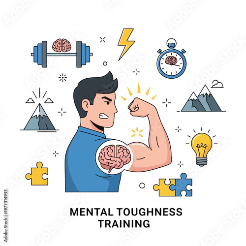 Mental Toughness Training: Man flexing muscle with brain, symbolizing strength, focus, and achievement.