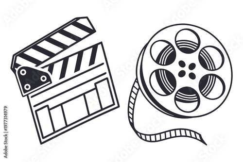 A vector graphic illustration of a film clapper and reel on a white background