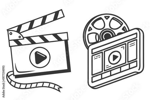 A vector graphic illustration of a film clapper and a video camera, symbolizing movie production and filmmaking.