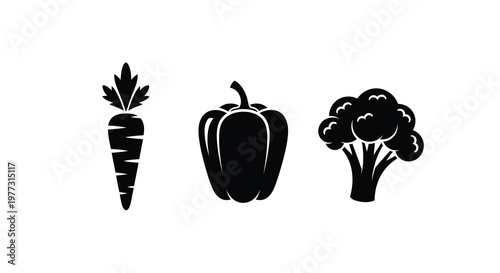 Vegetable icons including carrot pepper and broccoli silhouette