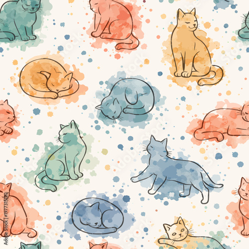 Seamless watercolor cat pattern featuring playful pastel felines in sitting, sleeping, and walking poses on a soft speckled background