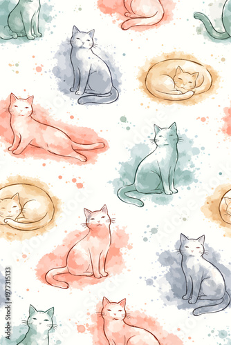 Seamless watercolor cat pattern featuring playful pastel felines in sitting, sleeping, and walking poses on a soft speckled background