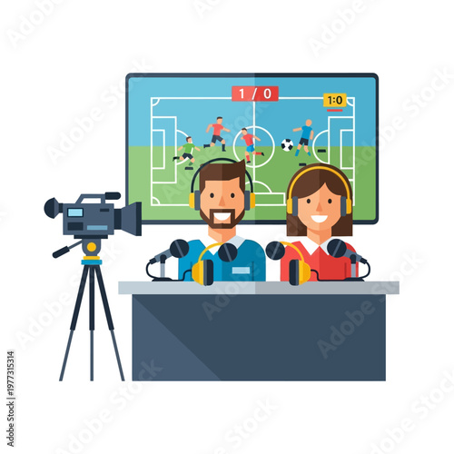 Sports Commentators Broadcasting Soccer Match Live From Studio with Camera and Screen