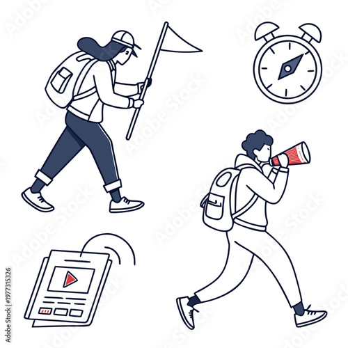 A vector graphic illustration of two people running with a flag, megaphone, and clock, symbolizing urgency and communication.