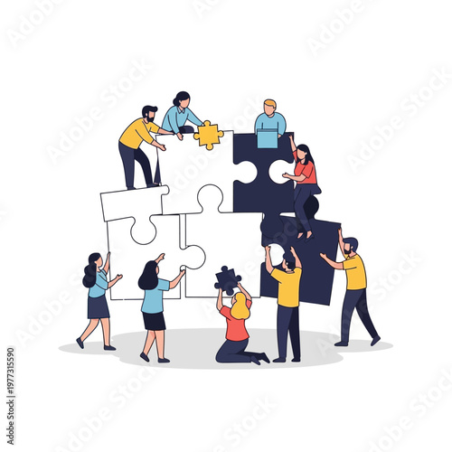 Teamwork puzzle collaboration, people assembling jigsaw pieces, business success concept illustration
