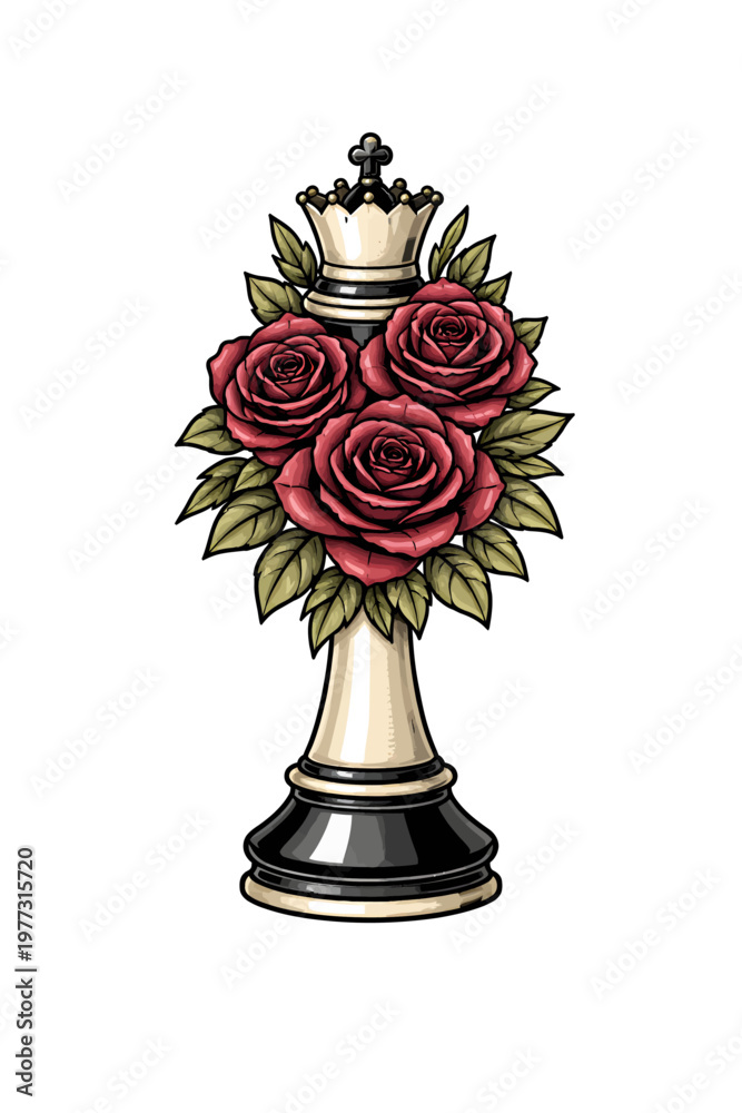 Fototapeta premium Chess queen piece with red roses tattoo design illustration in a bold ornamental style, symbolizing power, strategy, beauty, and feminine strength on a clean background.