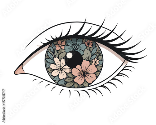 Surreal eye tattoo design with a floral iris made of pastel wildflowers and leaves, blending botanical beauty with symbolic vision and feminine mysticism