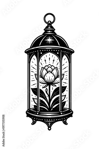 Black and white tattoo design of a lotus flower enclosed in an ornate lantern, blending spiritual symbolism with vintage decorative line art