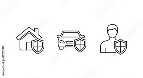 Home car and person icons with shields for safety a line art silhouette