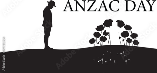 Black silhouette soldier with poppy wreath ANZAC Day vector illustration for remembrance tribute design
