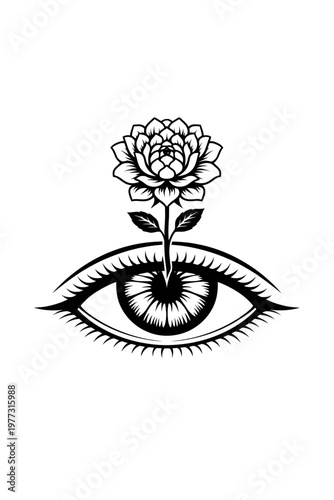 Black and white tattoo design of a surreal eye with a blooming flower iris and rising stem, blending botanical beauty with mystical vision symbolism
