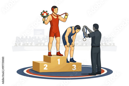 Wrestling award ceremony vector illustration with athletes on a winners podium receiving medals, celebrating victory, competition, and sports achievement