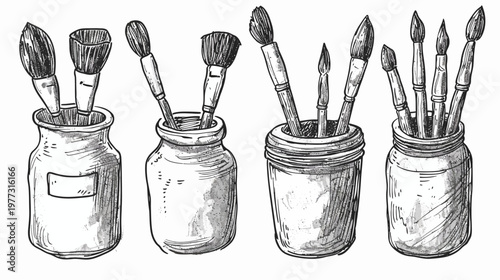 Four jars filled with various paint brushes, in a sketchy black and white style