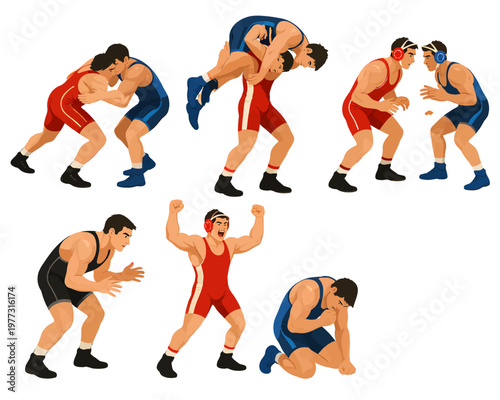 Flat vector set of wrestlers in different poses and match actions, featuring takedown, lift, stance, victory, and defeat scenes isolated on a light background.