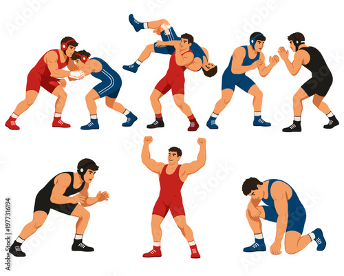 Flat vector set of wrestlers in different poses and match actions, featuring takedown, lift, stance, victory, and defeat scenes isolated on a light background.