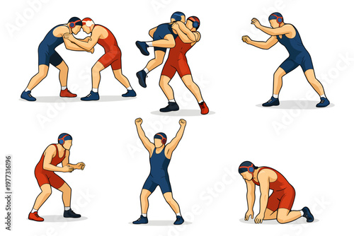 Flat vector set of wrestlers in different poses and match actions, featuring takedown, lift, stance, victory, and defeat scenes isolated on a light background.