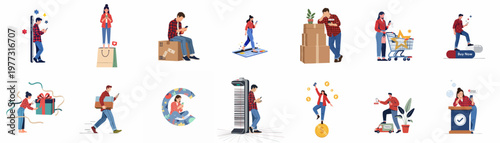Collection of flat vector illustrations depicting people engaged in online shopping, mobile payments, digital marketing, and delivery services for e-commerce business.