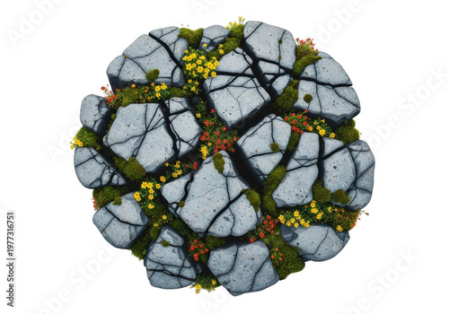 Circle Of Cracked Grey Rocks With Colorful Wildflowers And Moss