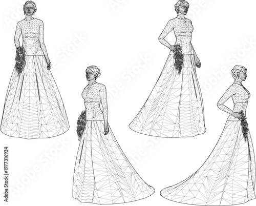 Vector sketch illustration silhouette design 3d rendering of wedding dress with flower bouquet decoration 