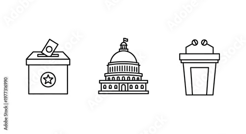 Voting capitol building and podium depicted in a linear silhouette